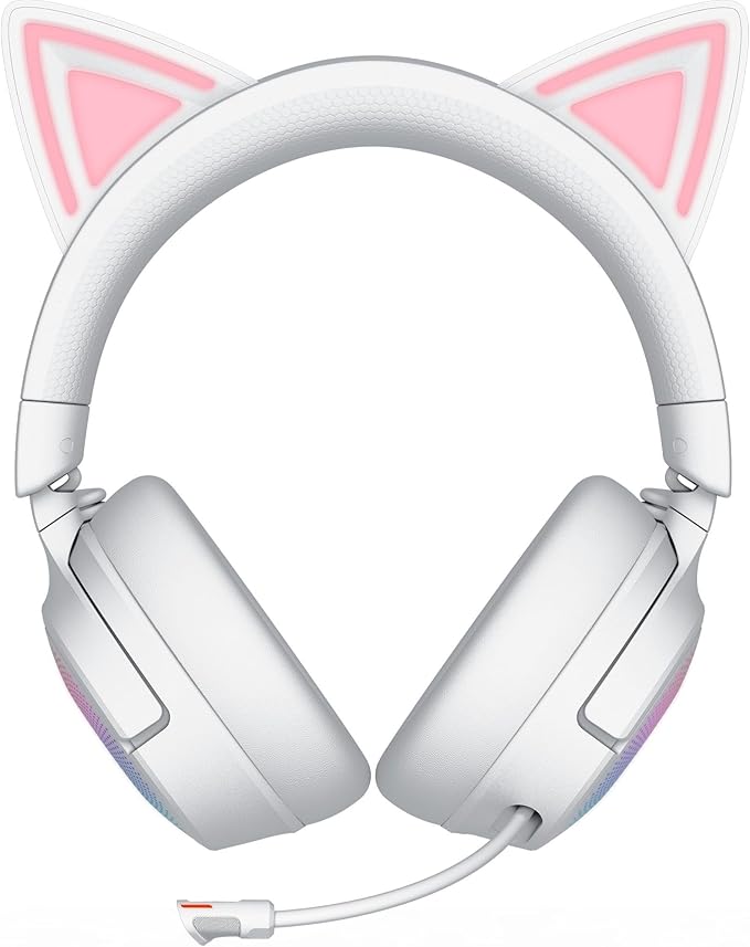 Razer Kraken Kitty V3 Pro Wireless RGB Gaming Headset: Chroma RGB Kitty Ears - 2.4 GHz, Bluetooth 5.3, USB A - Super Wideband Mic - 40mm Drivers - THX Spatial Audio - Comfortable Ear Cushions - White