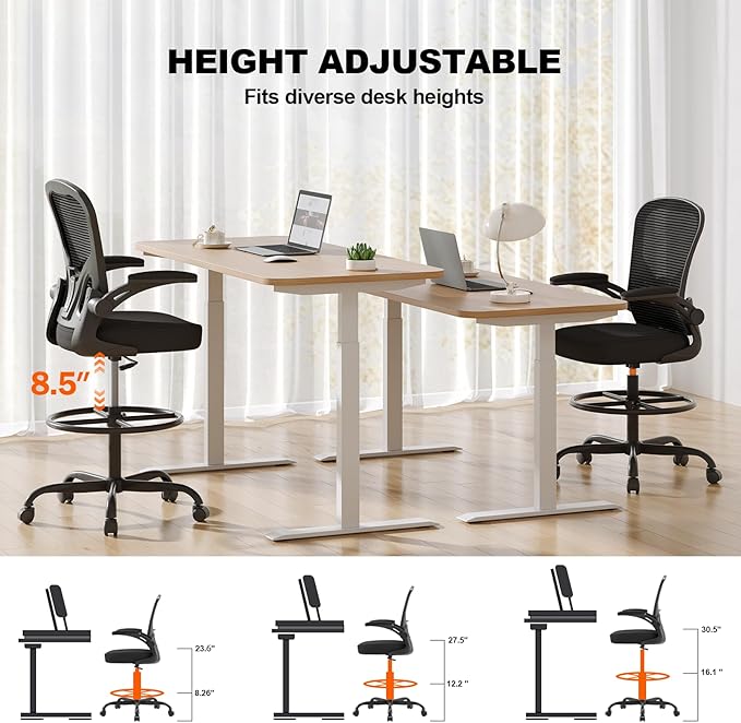 Ergonomic Drafting Chair, Tall Office Chair with Flip-up Armrests, Breathable Mesh High Desk Chair with Lumbar Support Adjustable Footrest Ring for Standing Desk Black