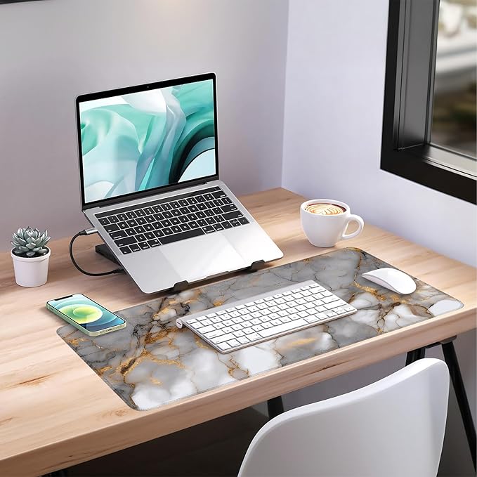 Marble Extended Gaming Mouse Pad 35.4x15.7Inch Large Desk Mat Anti-Slip Rubber Base & Durable Stitched Edges for Gamers Smooth Mouse Writing Surface for Desk Office/Home