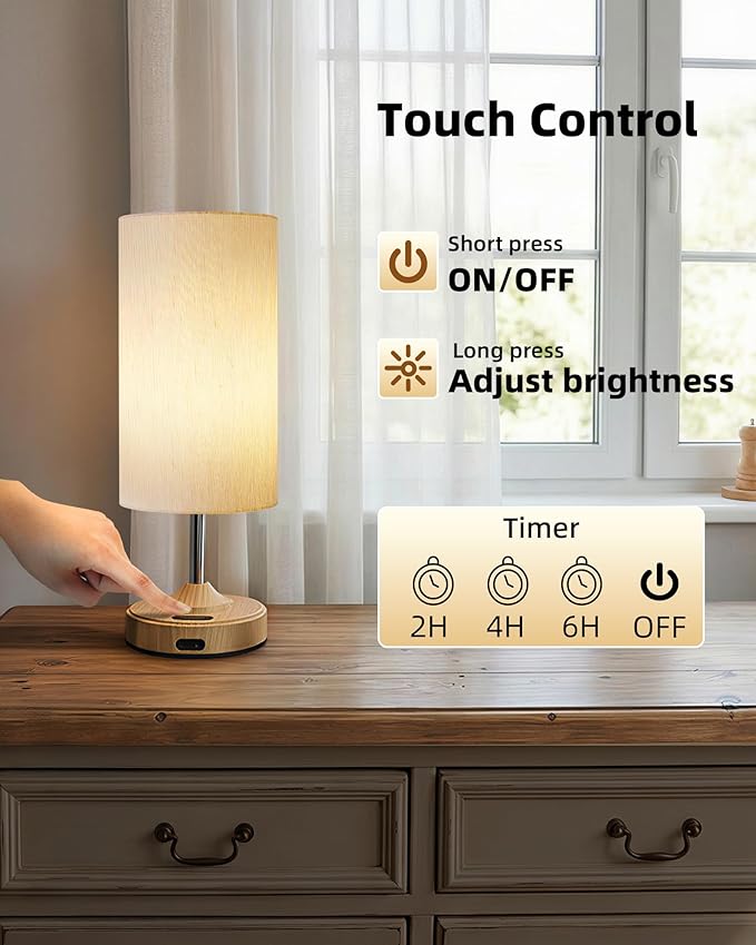 EZVALO Cordless Table Lamp, Ambient Light, Dimmable, Touch, Timer, 2700K, Bedroom, Portable, LED, Wireless, Rechargeable, Battery Operated, Desk Lamp, Fabric Shade, Wood-Grain Finish, Living Room