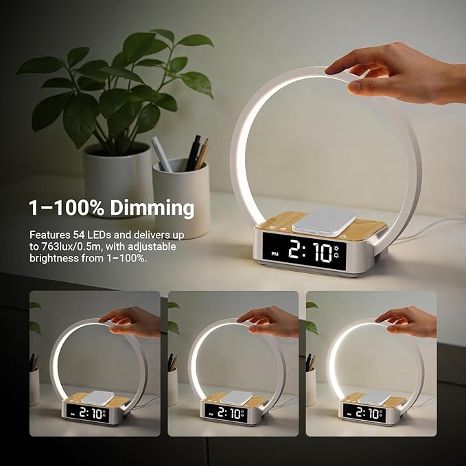 NEEWER Entry Level Version Bedside Lamp with 15W Wireless Charging Compatible with iPhone AirPods, Sunrise Alarm Clock, Dimmable Desktop LED Touch Ring Light for Bedroom Nightstand Reading, N40