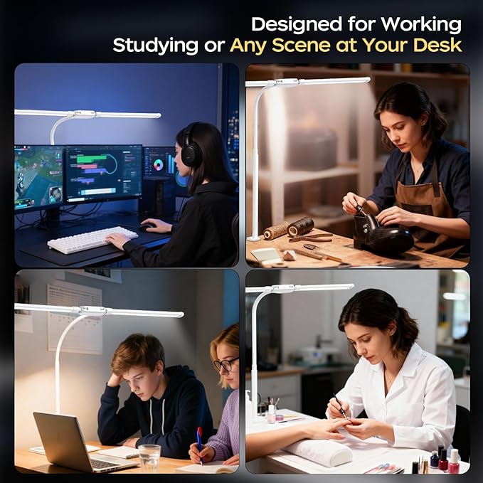 LED Desk Lamp with Clamp, Double Head Adjustable Architect Light, Eye-Caring Monitor Desk Lamp for Home Office, Flexible Gooseneck Task Lamp with 10 Brightness Levels & 5 Color Temperature Modes White