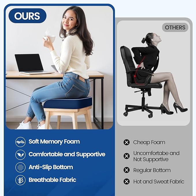 Seat Cushion for Tailbone Pain Relief, Office Chair Cushion, Memory Foam Large Chair Cushion with Non-Slip Cover for Soft Support at Office Chair, Car Seat, Airplane Dark Blue/X-Large