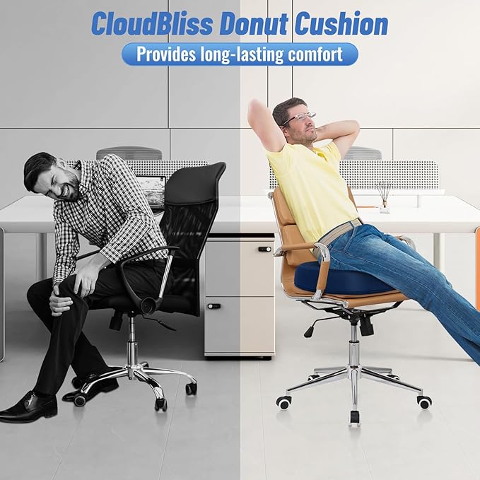 CloudBliss Donut Pillow Seat Cushion for Coccyx & Tailbone Support, Memory Foam Seat Chair Cushion for Postpartum Pregnancy, Seat Cushions for Men and Women for Home & Office, (Blue-XL)