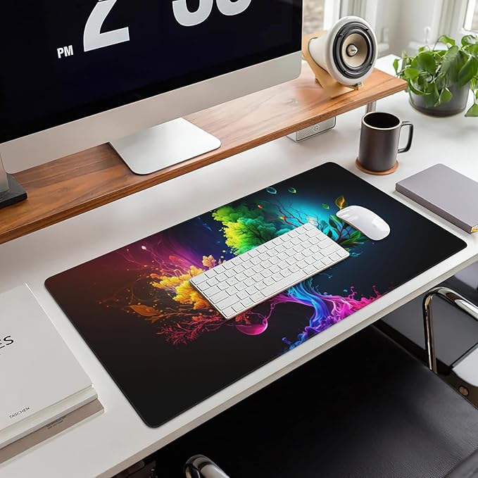 Large Gaming Mouse Pad for Desk,Colorful Tree of Life Desk Mat,Abstract Multicolor Texture Desk Pad, Extended Big Computer Keyboard Mouse Pad with Non-Slip Base and Stitched Edge 35.4"x15.7"