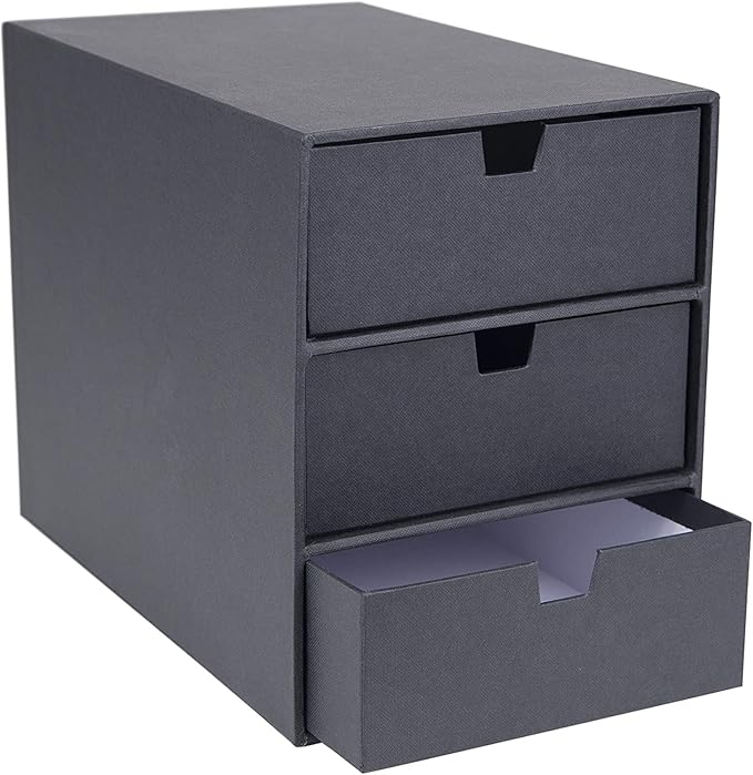 Bigso Ingrid 3-Drawer Fiberboard Desk Organizer for Office Supplies and Accessories - Stackable Makeup Drawer Organizer - 6.3in x 9.9in x 8.1in - Dark Grey