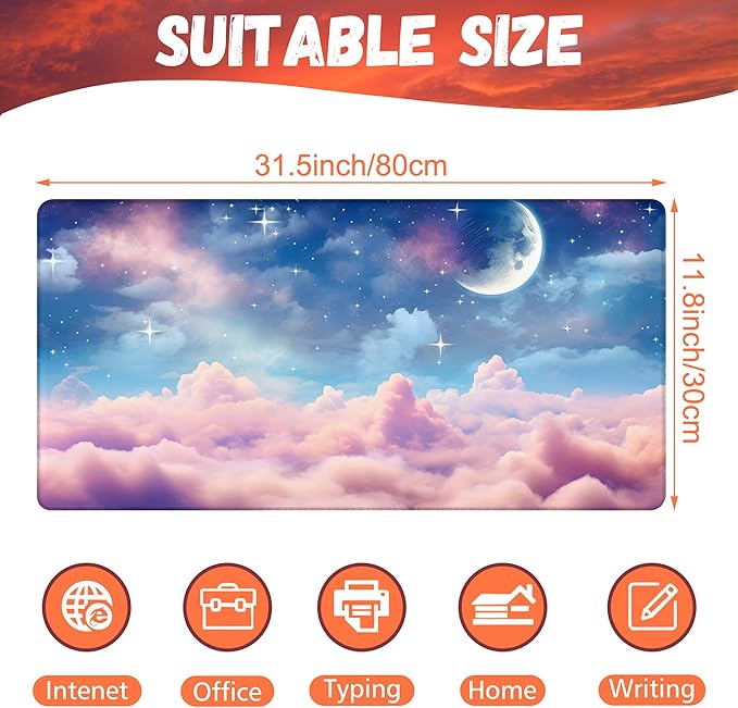Desk Pad, Watercolor Fantasy Clouds Cape Desk Mat, Stars and Crescent Moon Large Gaming Mouse Pad for Desk, 31.5"x15.7" Extended Big Computer Mouse Pad with Non-Slip Base and Stitched Edge