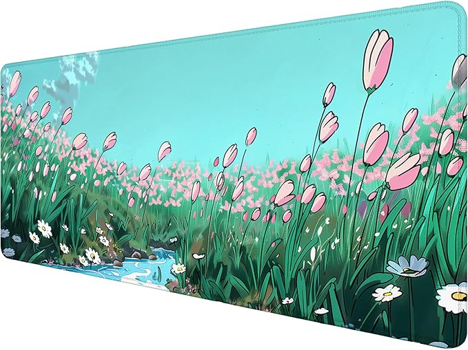 Anime Floral Gaming Desk Pad - Extended Cute Sage Green Plant Mouse Pad Mat with Stitched Edge Non-Slip Base - 31.5"x11.8"