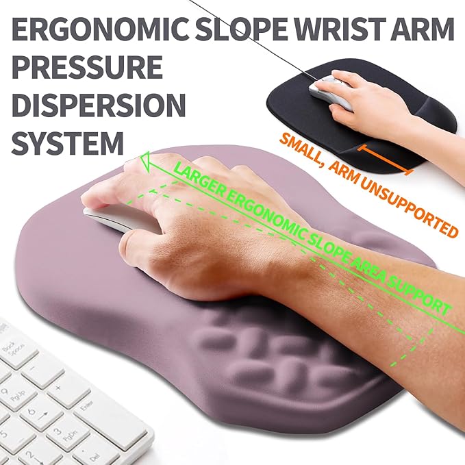 Ergonomic Slope Mouse Pad Wrist Support, Wrist Rest Mousepad for Carpal Tunnel with Massage Bulge and Slow Rebound Memory Foam (12x8 inch, Purple)