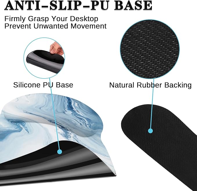 Arttown Blue White Gradient Desk Mat Abstract Ocean Marble Mouse Pad Set 4 in 1 Ergonomic Design Large Mousepad + Keyboard Wrist Rest + Mouse Wrist Rest + Coaster Suitable for Home Office Study Game