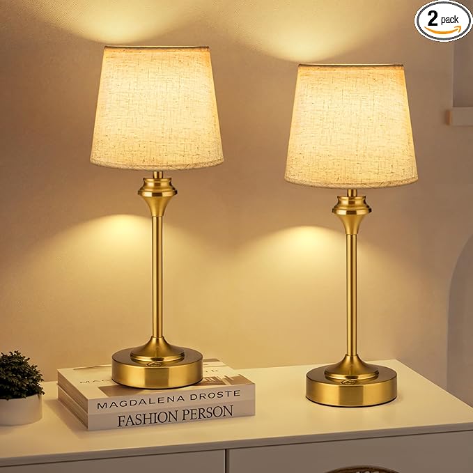 NIORSUN Portables Cordless Table Lamp Set of 2,Flaxen Fabric Shade Battery Operated Lamp, Bedside Table Lamp with Warm White,3 Way Dimmable Touch Desk Lamp for Bedroom Living Room Restaurant (Gold)