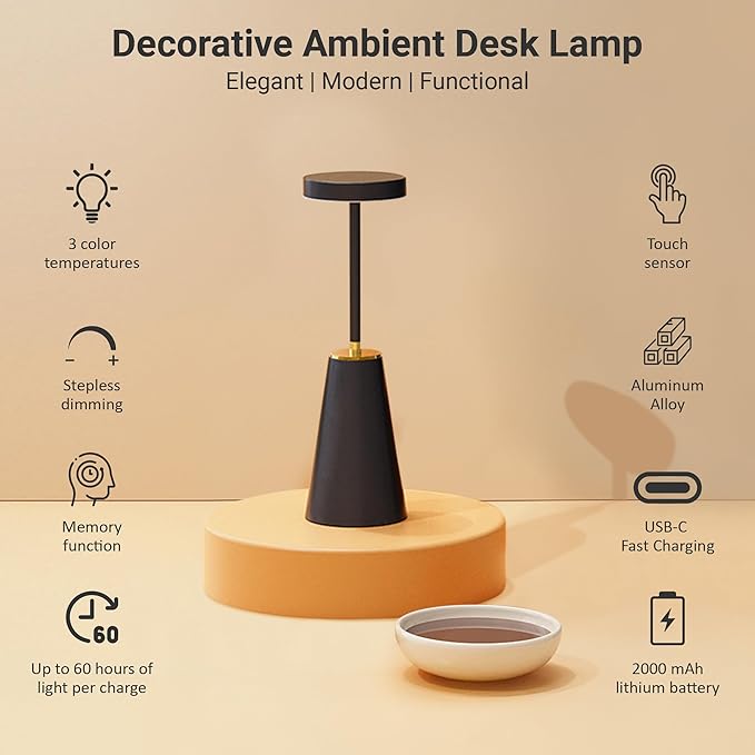 LED Wireless Table Light - USB-C Rechargeable Lamp Cordless - Touch Sensor - Dimmable Portable - 3 Brightness Modes - for Nightstand Restaurant Office Desk Indoor Outdoor - Black
