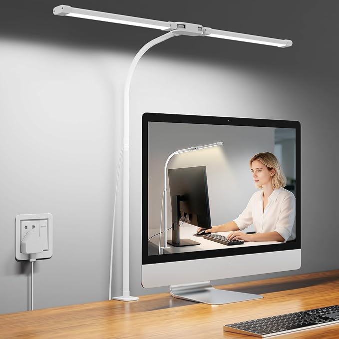 Desk Lamp with Clamp, with 5V 2A Adapter, LED Desk Lamp with Dual Head, 50 Light Modes, Computer Monitor Flexible Neck Lamp, Eye Protection Desk Lamps for Study, Office, Crafts, Draw(White)
