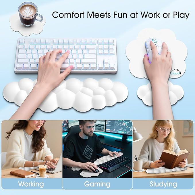 Cloud Wrist Rest Keyboard Cushion, 4-in-1 Ergonomic Cloud Keyboard Wrist Rest and Mouse Pad Set with Memory Foam Arm Support for Palm, Cute Desk Accessory for PC Gaming Setup, White