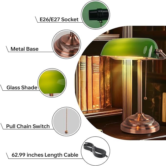FIRVRE Green Glass Bankers Desk Lamp, Traditional Banker's Lamp, Vintage Desk Lamp with Pull Chain Switch, Retro Table Lamps for Home Office, Library, Piano