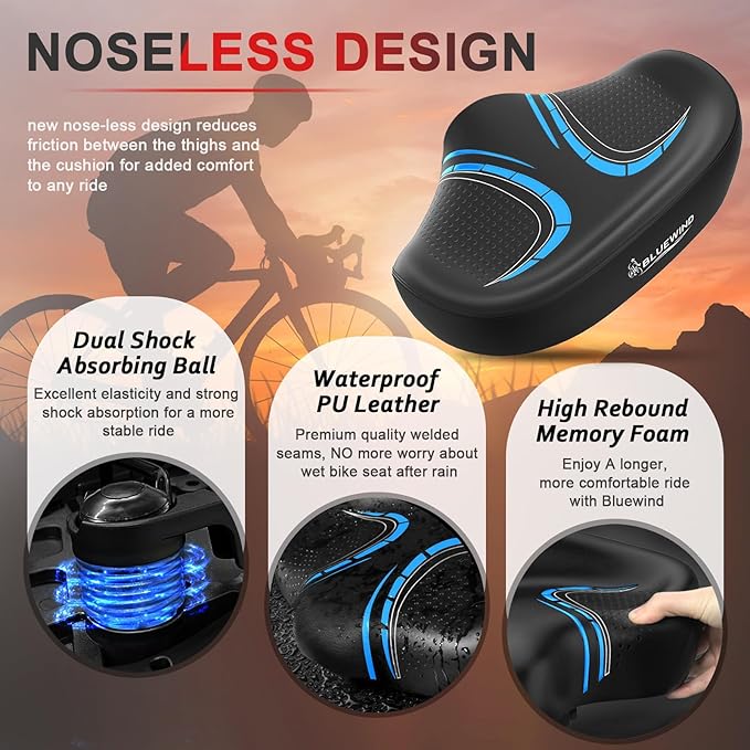 BLUEWIND New Noseless Oversized Bike Seat, Wide Bicycle Saddle Novel Backrest Design for Electric Bike, Universal Fit Exercise Bike or Road Stationary Bike Seat Cushion for Men & Women