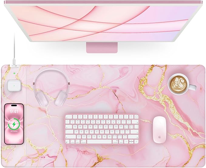 Pink Marble Mouse Pad with 15W Wireless Charging, 31.5"x15.8" Large Gaming Desk Pad/Mat for Women Girls, Waterproof Ultra-Smooth Surface, Non-Slip Base