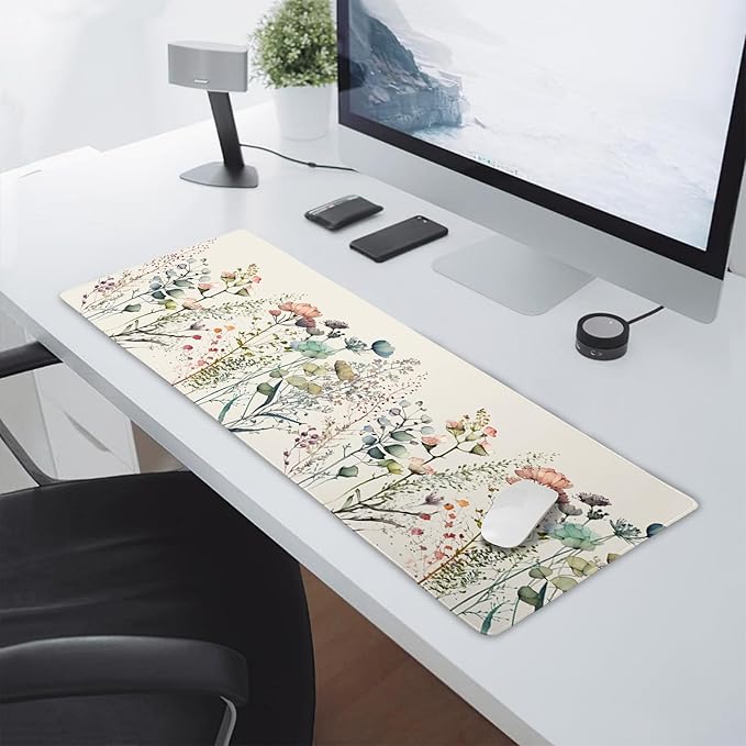 Cute Wild Flowers Mouse Pad XL Boho Aesthetic Floral Chic Plant Extended Table Mat 80X30cm Non-Slip Rubber Base Stitched Edge Large Mousepad for Desk Gaming Laptop Desk Top,31.5×11.8 Inch
