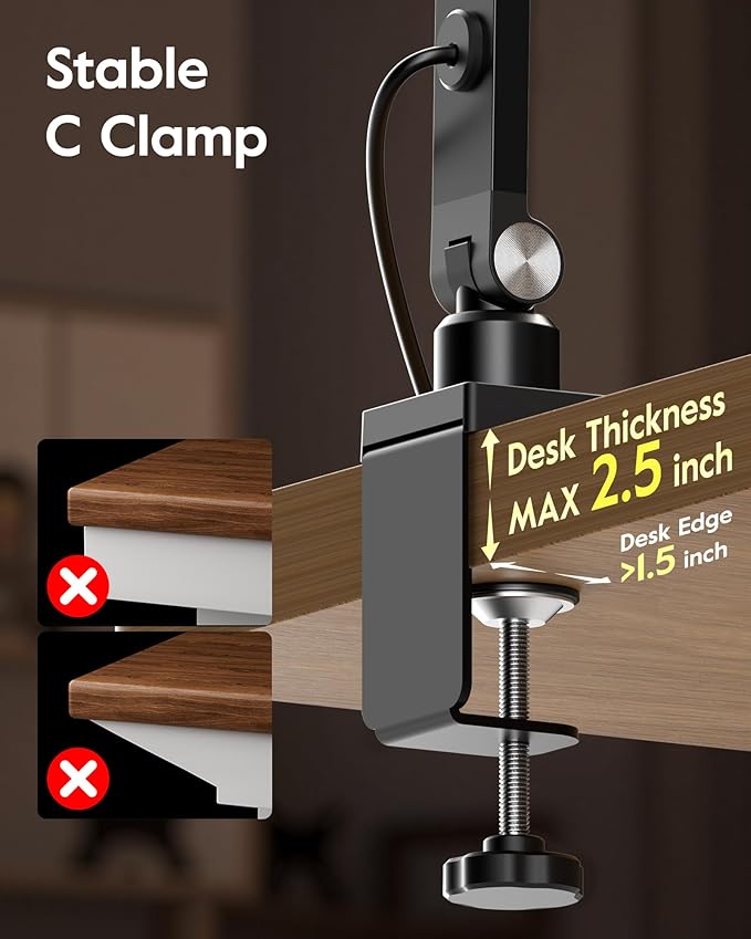 Led Desk Lamp with Clamp, 2000LM Dimmable Home Office Desktop Light, 3000k-6500k Adjustable Swing Arm Ring Light for Video Conference, Study, Reading, Zoom Calls, Streaming (White)