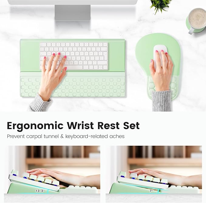 Ospelelf Ergonomic Mouse Pad and Keyboard Stand Wrist Rest Set, Memory Foam Comfort, Wrist Support for Typing, Office Desk Accessories, Green