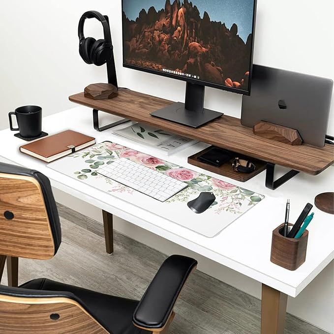 Desk Mat,Peony Flowers and Eucalyptus Leaves Large Gaming Mouse Pad for Desk XL,Pink Floral Desk Pad,Extended Big Computer Keyboard Mouse Pad with Non-Slip Base Stitched Edges 31.5"x11.8"