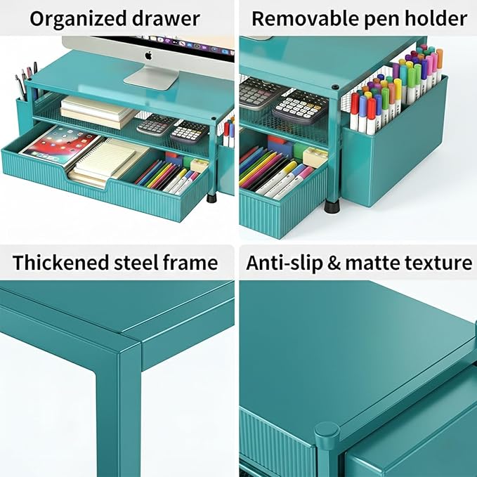 Desk Organizer and Accessories, 2-Tier Computer Monitor Stand Rise with Storage Drawer & 2 Pen Holders, Laptop & Printer Stand for Desktop, Workspace Organizers for Office Supplies (Blue)