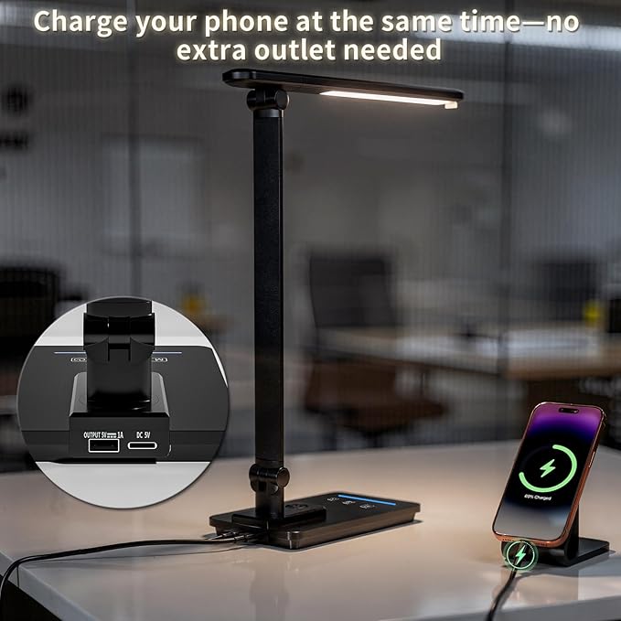 ELECTRI LED Desk Lamp, Touch Desk Light with USB Port, 5 Color & Stepless Dimming, 360° Rotatable ＆ Foldable, Reading Lamp for Table Study Work Office Nail Craft Puzzle(with Adapter) (Black)