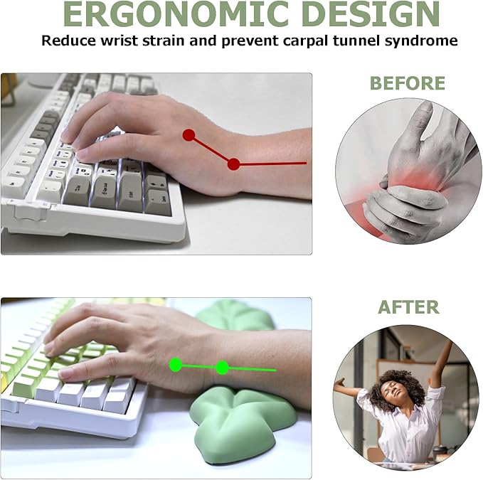 Ergonomic Keyboard Wrist Rest, Leaf Shape PU Leather Memory Foam Wrist Support for Computer Keyboard, Keyboard Pad and Cute Mouse Wrist Pad for Gaming,Office,Computer,Typing, Pastel Green