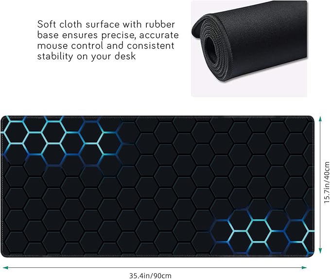Desk Mat, Hexagon Blue Honeycomb XXL 35.4"x15.7"Large Gaming Mouse Pad, 3mm Thick Gaming Keyboard Pad,Desk Pad Non-Slip Rubber Base with Stitched Edges for Office Game Home Decor