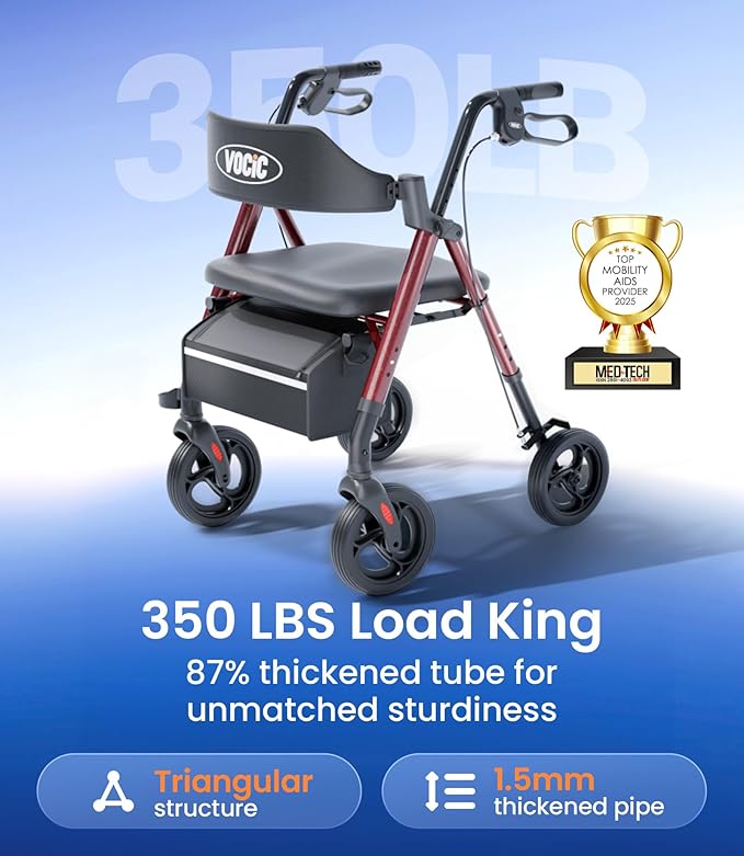 VOCIC Walkers for Seniors, Z21 Rollator Walker with Seat Supports 350lb, 8" Big Wheels for All Terrain, Ergonomic Arc Seat & 6" Ultra Backrest Foldable Walker, Dual Height Adjustment, Lightweight 2025