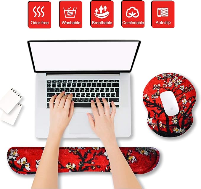 ArtSo Upgraded Wrist Rest Support for Mouse Pad & Keyboard, Ergonomic Gel Mousepad Non-Slip Rubber Base Home, Office Wrist Support, Easy Typing Cushion Neoprene, Soft Memory Foam, Red Van Gogh Painting