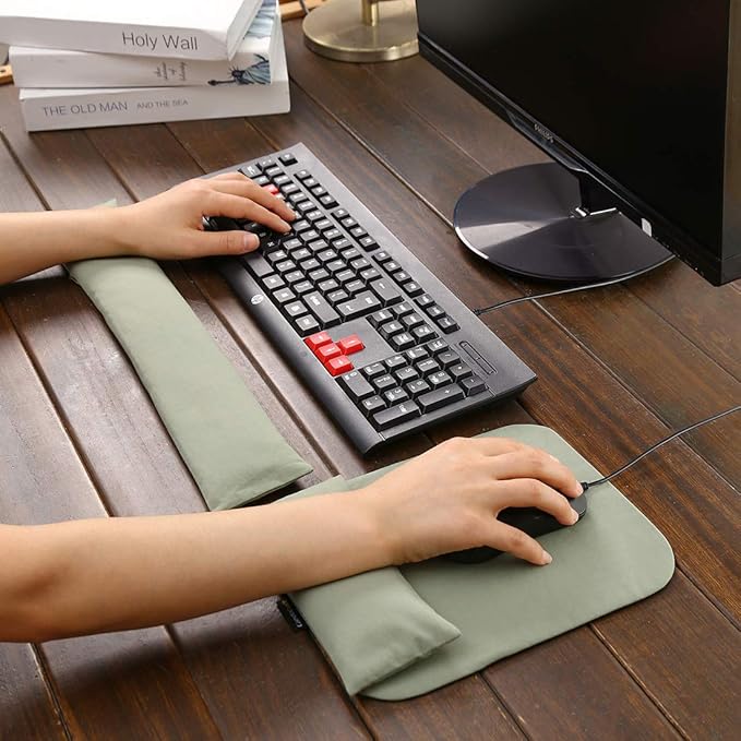 Large Mouse Pad Wrist Support Set, Bean Bag Mouse and Keyboard Wrist Rest Filled Ergo Beads, Easy Typing Gaming Home Office (Light Army Green)
