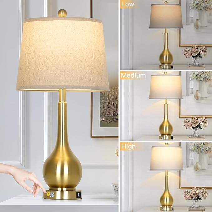 26" Gold Table Lamp for Living Room Single, Touch Control Bedside Lamp for Bedroom, 3-Way Dimmable End Table Lamp for Nightstand with USB Charging Port (1 Pack)