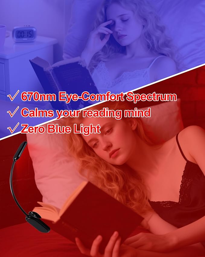 670nm Red Book Light [1 Pack] - Zero Blue Light, Rechargeable Clip On Red Reading Light Lamp for Reading at Night - Poratble Dimmable LED Book Lamp, Gift for Lovers Travel Studying Nursing
