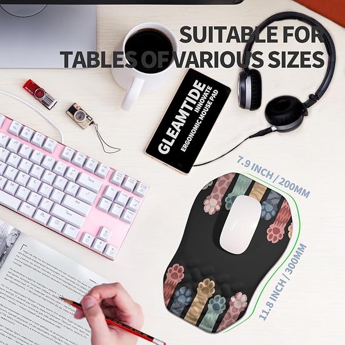 Ergonomic Raised Mouse Pad Wrist Support with Bilateral Slope Memory Foam Mousepad for Wrist Rest and Carpal Tunnel 11.8x7.9〃Cat Claws