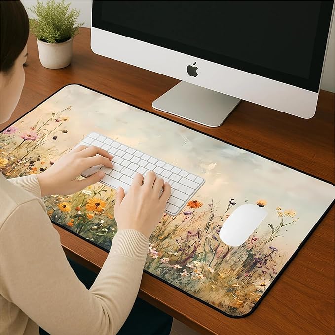 Beige Watercolor Flower Desk Mat, Oil Painting Style Desk Matt, Plant Flower Mouse Mat, Game Desktop Cover Mat, Women's Laptop Keyboard and Mouse Pad, Bohemian Office Desk Decor 31.5"X15.7"