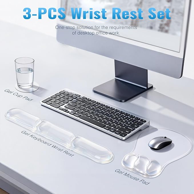 Ospelelf Mouse Pad with Wrist Rest Set Gel Ergonomic Keyboard Wrist Support Anti-Slip Rubber Bottom Office Women Desk Accessories for Computer, Laptop and Gaming, Clear