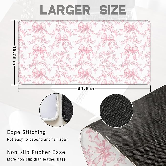 Coquette Pink Floral Large Mouse Pad 31.5x15.7inch, Trendy Girly Pink Bow Peony Flower Aesthetic Large Extended Computer Desk Mat Mousepad for Keyboard and Mouse, Preppy Desk Accessories