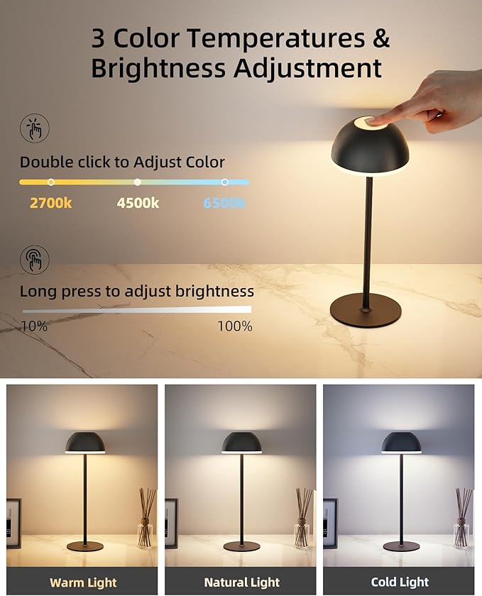Cordless Table Lamp, Rechargeable, Touch control, 3 Color Temperature, Stepless Dimming, LED Memory Function, Portable, Battery Operated Lamp for Bedroom Restaurant Dinning Kitchen Living Room Home