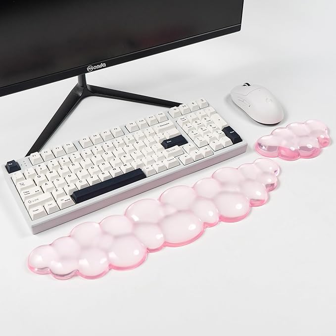 Ergonomic Gel Cloud Keyboard and Mouse Wrist Rest Set – Clear Wrist Rest for Keyboard 60%/68%/75%, Comfort & Support for Typing and Gaming (Light Pink)
