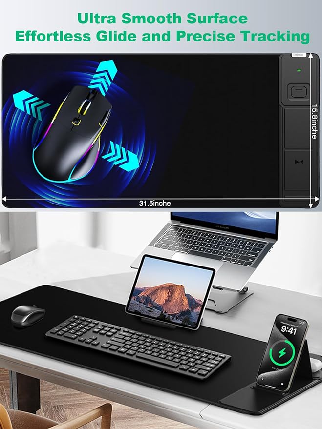 Mouse Pad with Foldable Phone Holder, Wireless Charging Desk Mat, 31.5"x15.8" Large Mousepad with Superior Micro-Weave Cloth, XXL Desk Pad with Non-Slip, Waterproof Keyboard Pad for Home & Office