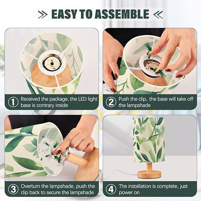Green Leaf LED Table Lamp, Bedside Lamp with Linen Lampshade, Flicker-Free Eye Care USB Plug in Nightstand Lamp, for Bedroom and Office