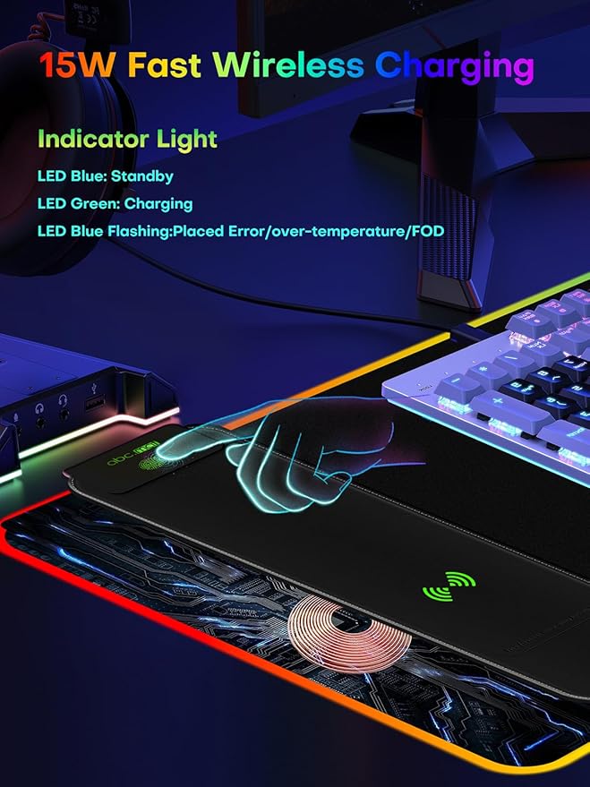 2-in-1 RGB Gaming Mouse Pad with Wireless Charging, 31.5"x11.8" Large, 24 Light Effects, Non-Slip Base, Waterproof Ultra-Smooth Surface, No Adapter