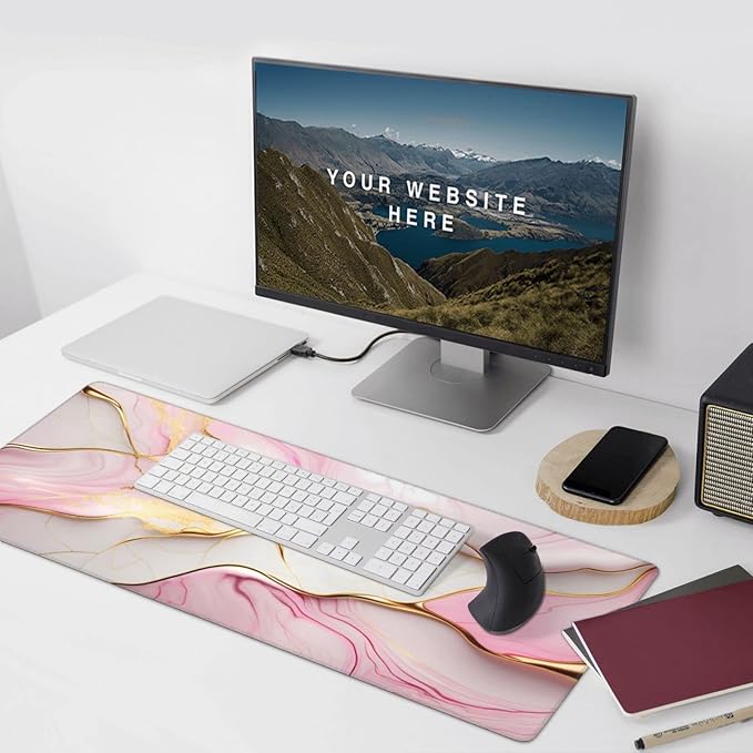 Gaming Mouse Pad,Large Mouse Pads for Desk,Non-Slip Rubber Base Extended Mousepad,XXL Keyboard Mouse Mat,Computer Keyboard Desk Pad with Stitched Edges,35.4x15.8inch,Pink Gold Marble