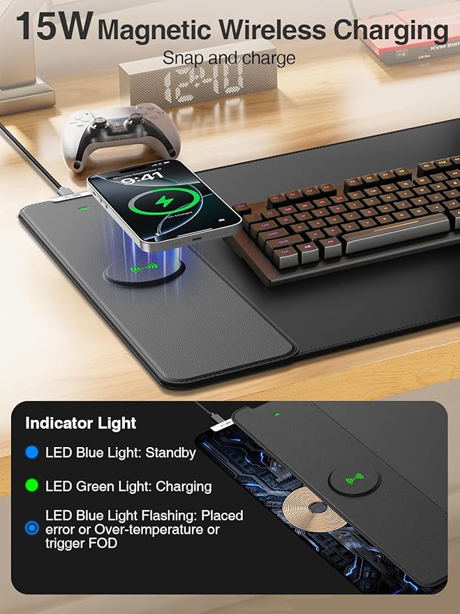 2-in-1 Mouse Pad with Magnetic Wireless Charging, Gaming Mouse Pad, 31.5"x15.8" Large Desk Mat for Laptop/Keyboard, Waterproof Smooth Surface, Non-Slip Base, No Adapter