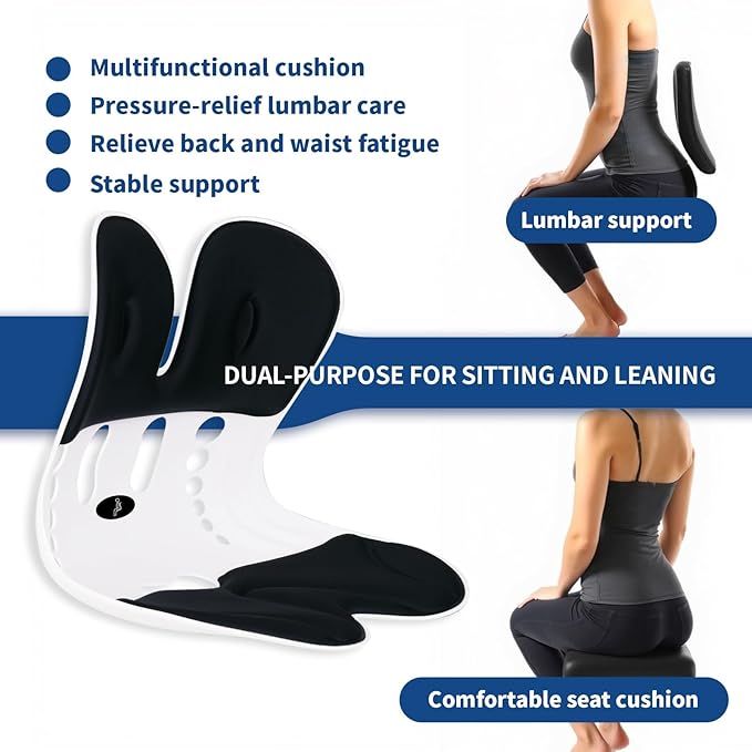 Ergonomic Back Support for Office Chair Cushion with Lumbar Pillow - Posture Corrector for Desk Chairs, Comfortable Memory Foam Seat Cushion for Lower Back & Lumbar Support (Black)