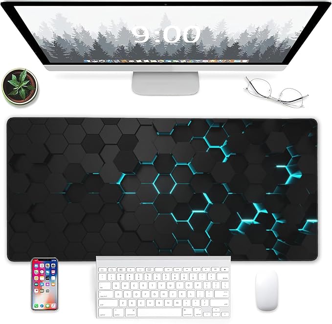 Gaming Mouse Pad, Blue Honeycomb Science Technology Extended Mouse Pad Gaming Large, Big Desk Mat with Non-Slip Base and Stitched Edge,Long Computer Keyboard Mouse Mat for Home Office Work 31.5"x15.7"