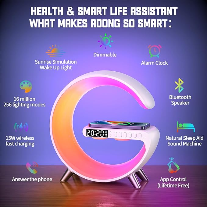 Smart LED Table Lamp, 5-in-1 Night Light Fast Wireless Charging Station, 256 Lights Mode Dimmable Bedside Lamp, Bluetooth Speaker & App Control for Bedroom, Home Decor, Alarm Clock for Festival Gifts