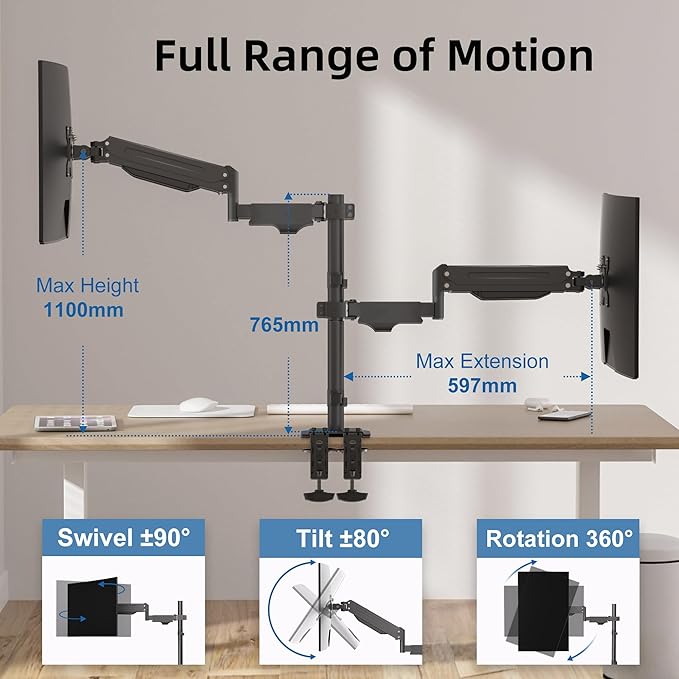 Suptek Dual Monitor Mount Stand-Height Adjustable Gas Spring Monitor Arm Desk Mount for 2 Computer Screens 17 to 32 inches - Each Arm Holds up to 22lbs (MD8822)