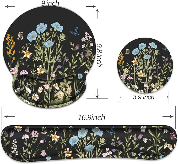 Ergonomic Mouse Pad with Wrist Rest and Keyboard Wrist Rest, Memory Foam Wrist Rest for Computer Keyboard, Easy Typing, Black Mouse Pad Wrist Support for Gaming,Office, Laptop, Floral